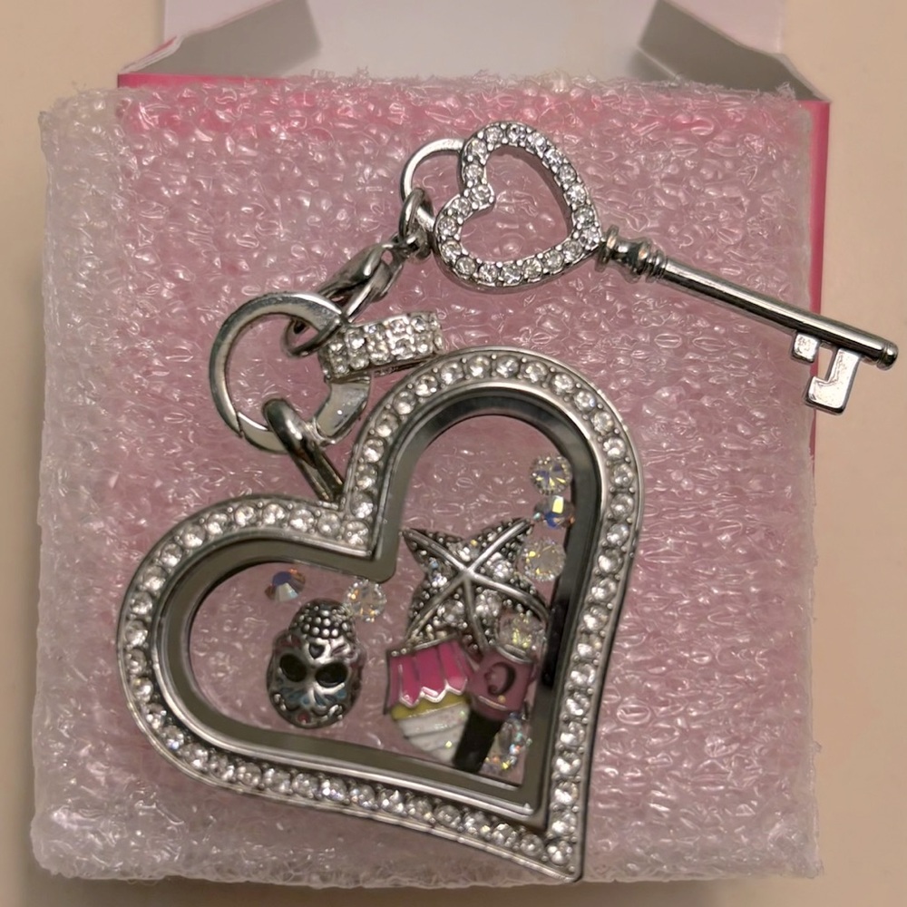 Origami Owl Silver Heart Living Locket with Charms & 2 additional small lockets.